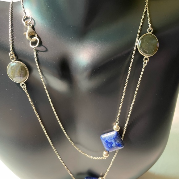 Lapis and Round Labradorite 925 Sterling Silver Station Necklace 36” - Picture 10 of 15